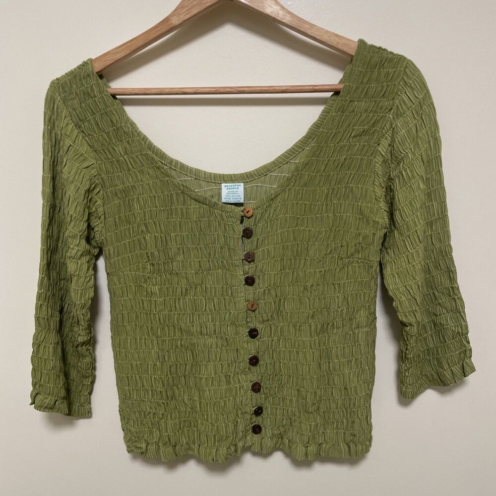 Peaceful People Crinkle Top Hippie Boho Festival Women’s Shirt Green Free Size